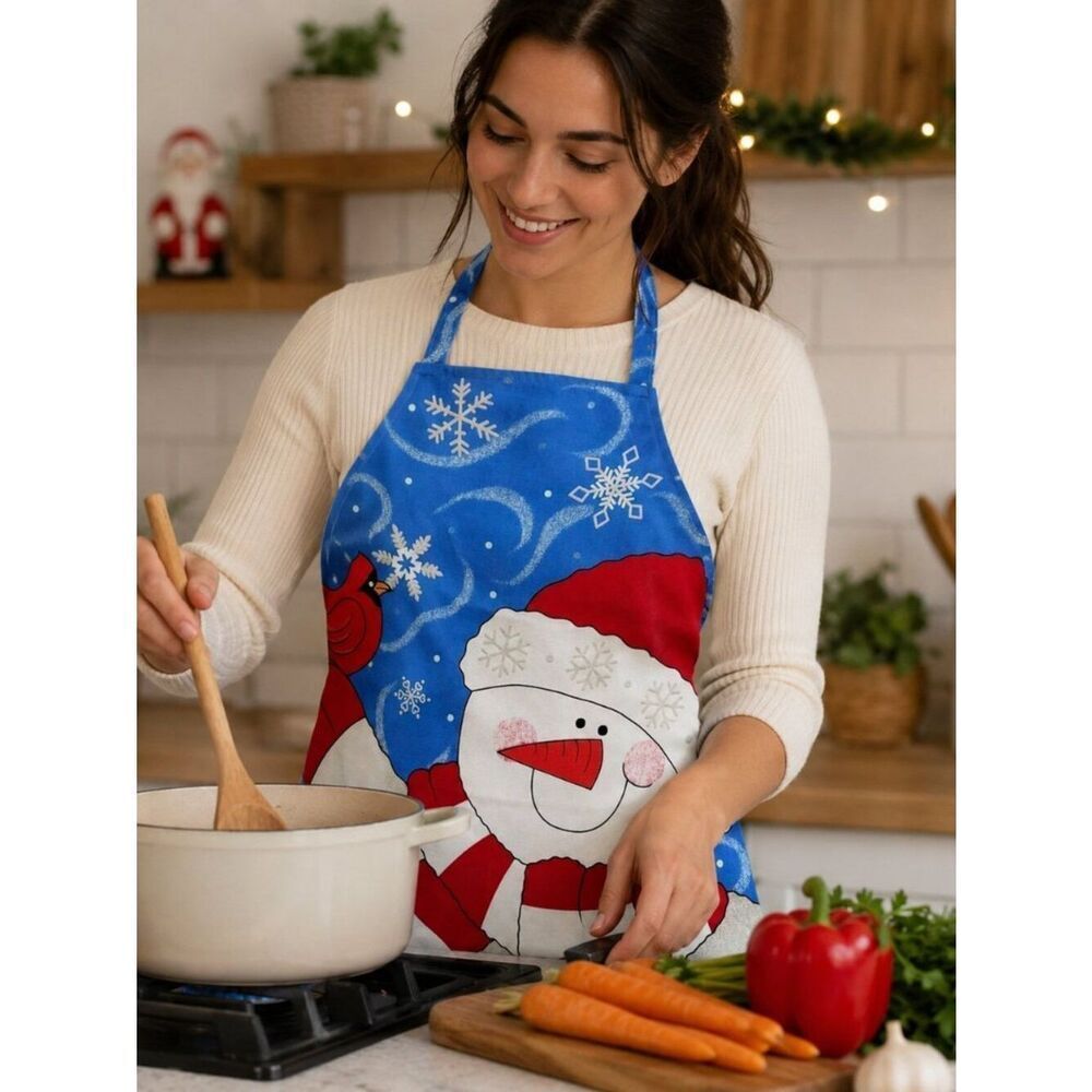 Vintage Snowman And Cardinal Apron Christmas Kitchen Holiday Cook Unisex Chef